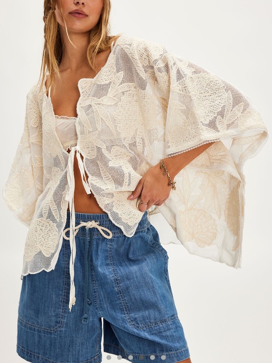 Free People Tops - Free People Sheer Cream Lace Tie-Front Kimono Cover-Up